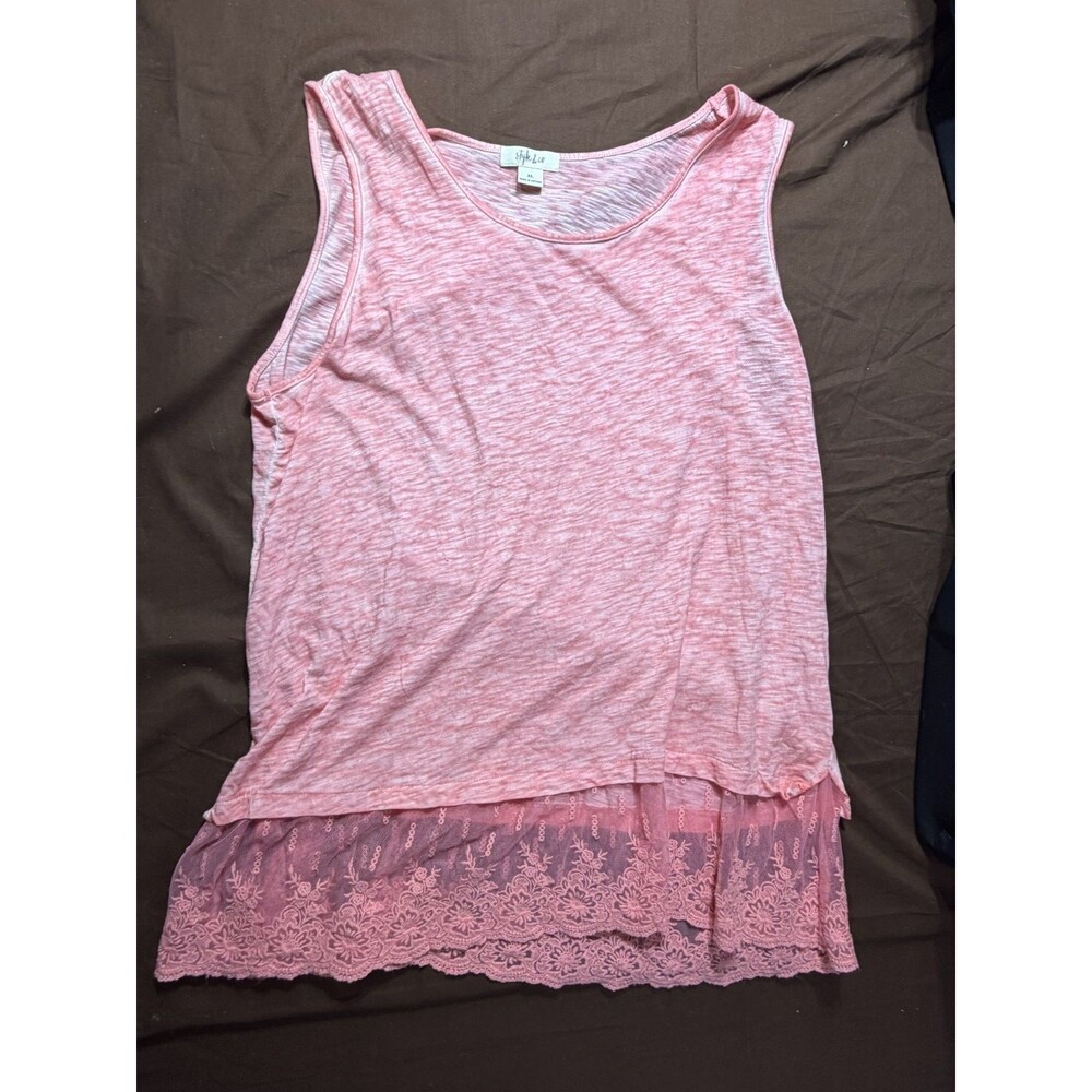 Style & Co Top Womens L Pink Sleeveless Scoop Lace Hem Tank Shirt Casual